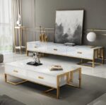 Jocise Meuble TV Blanc 3 Tiroirs Support TV avec Cadre Doré et Plateau en Verre Trempé