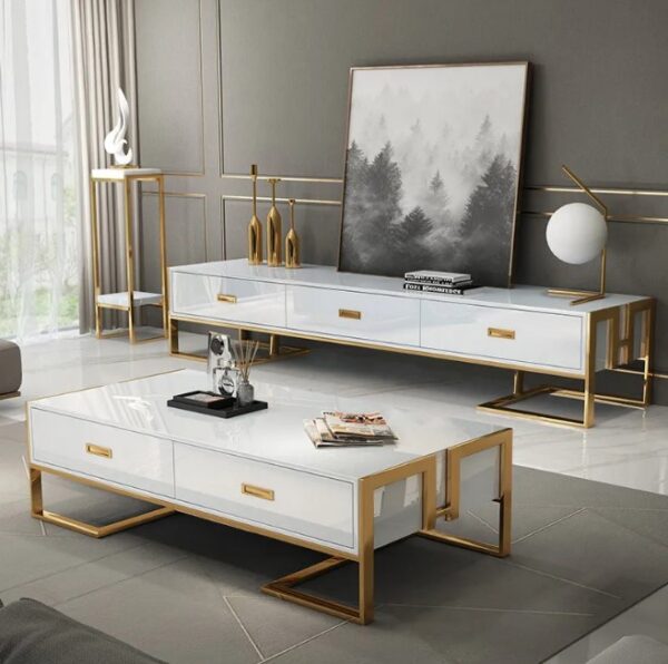 Jocise Meuble TV Blanc 3 Tiroirs Support TV avec Cadre Doré et Plateau en Verre Trempé